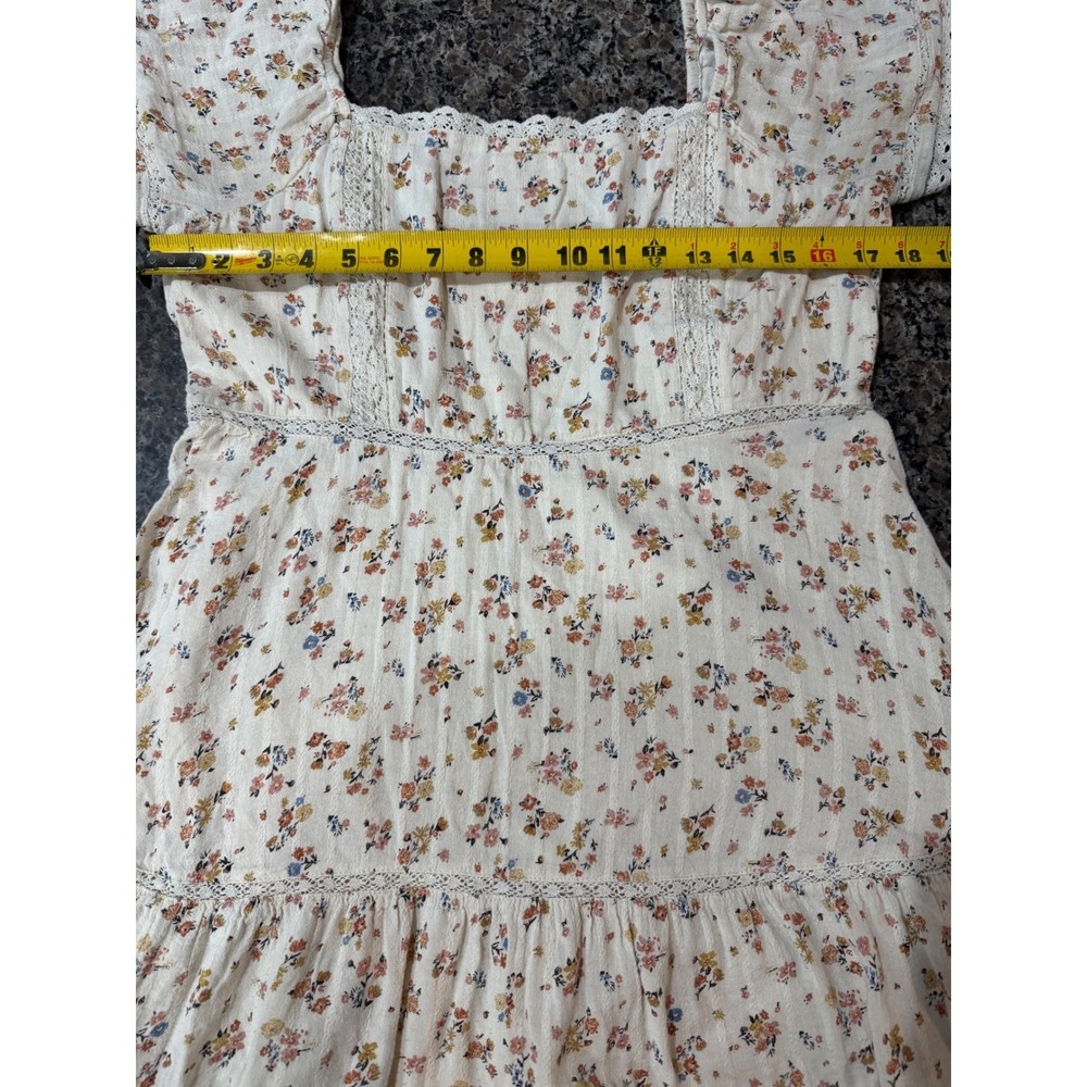 American Eagle Ditsy Floral Lace Trim Tiered Mini Dress Cream Womens Large - Picture 9 of 10
